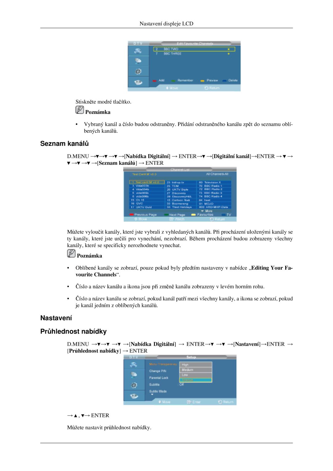 Samsung LH40MGPLGD/EN, LH46MGPLGD/EN manual Seznam kanálů, Nastavení Průhlednost nabídky 