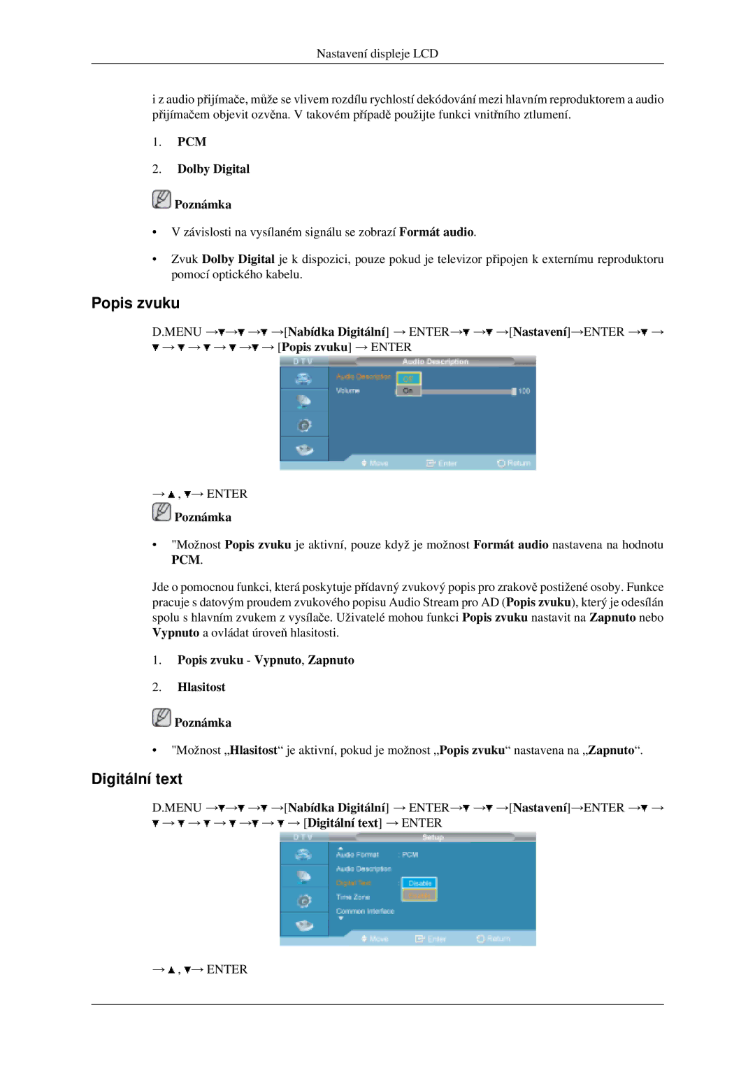 Samsung LH46MGPLGD/EN, LH40MGPLGD/EN manual Popis zvuku, Digitální text, PCM Dolby Digital Poznámka 