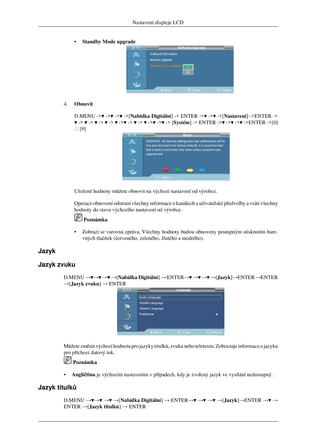 Samsung LH40MGPLGD/EN, LH46MGPLGD/EN manual Jazyk Jazyk zvuku, Jazyk titulků, Standby Mode upgrade Obnovit 