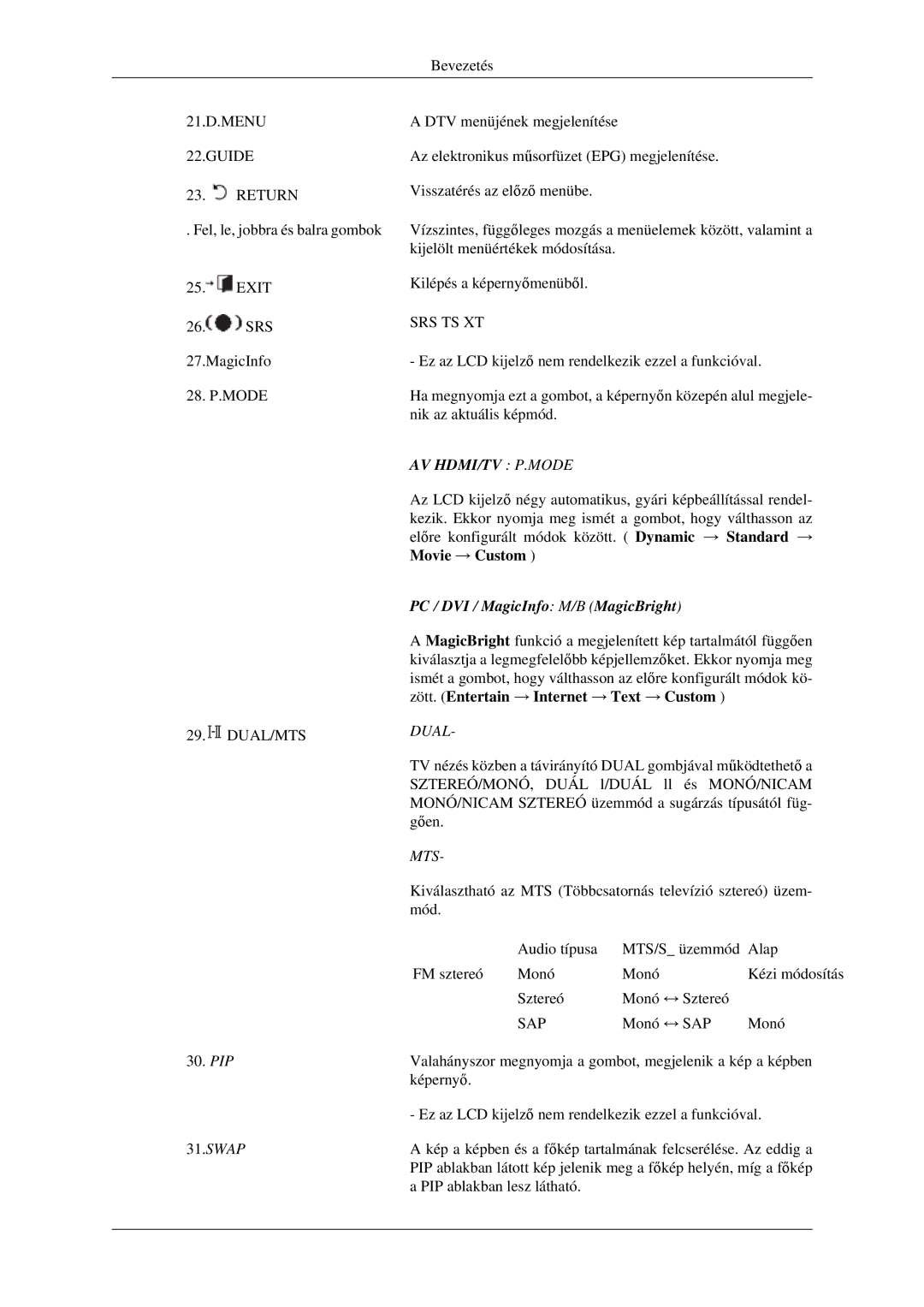 Samsung LH40MGTLGD/EN Dual, Mts, Kiválasztható az MTS Többcsatornás televízió sztereó üzem, Sap, PIP ablakban lesz látható 