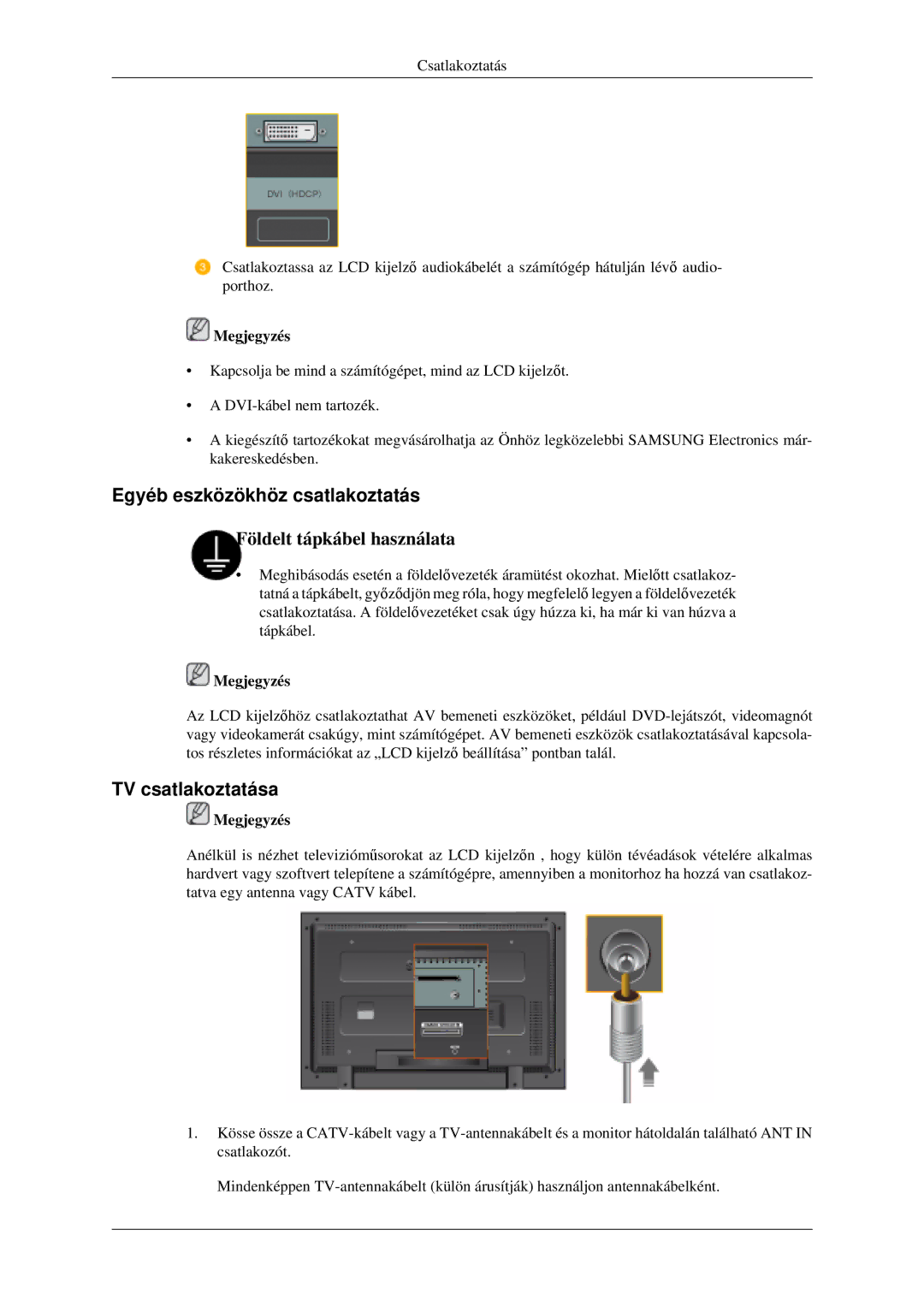 Samsung LH46MGPLGD/EN, LH40MGTLGD/EN, LH46MGTLGD/EN manual Egyéb eszközökhöz csatlakoztatás, TV csatlakoztatása 