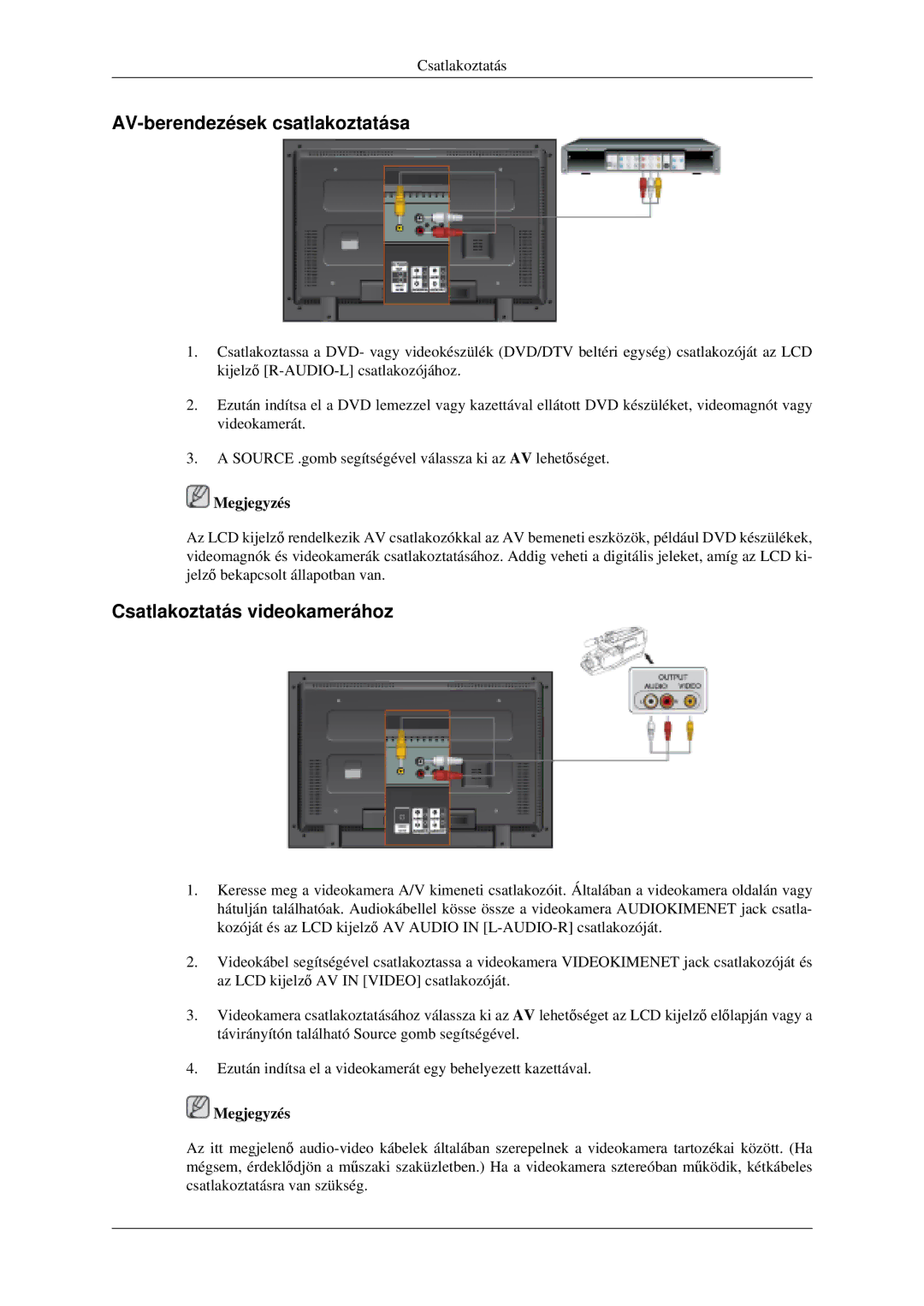 Samsung LH46MGTLGD/EN, LH46MGPLGD/EN, LH40MGTLGD/EN manual AV-berendezések csatlakoztatása, Csatlakoztatás videokamerához 