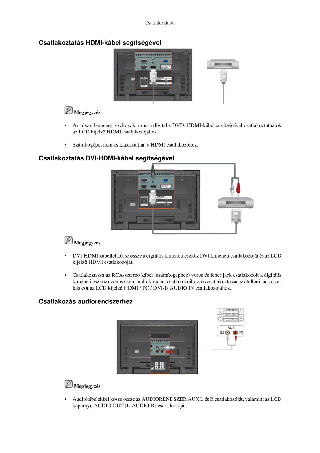 Samsung LH46MGPLGD/EN, LH40MGTLGD/EN Csatlakoztatás HDMI-kábel segítségével, Csatlakoztatás DVI-HDMI-kábel segítségével 