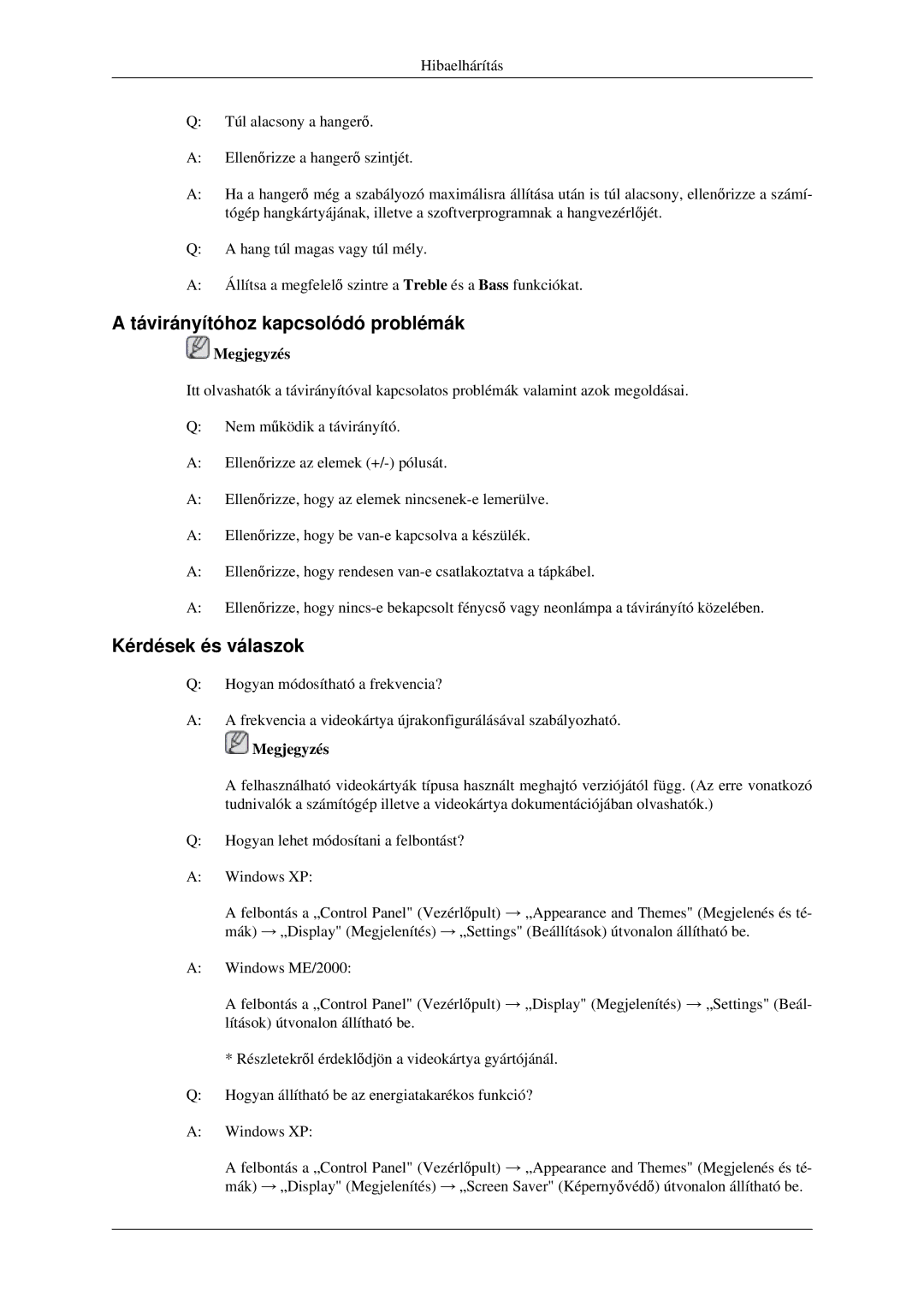 Samsung LH46MGPLGD/EN, LH40MGTLGD/EN, LH46MGTLGD/EN manual Távirányítóhoz kapcsolódó problémák, Kérdések és válaszok 