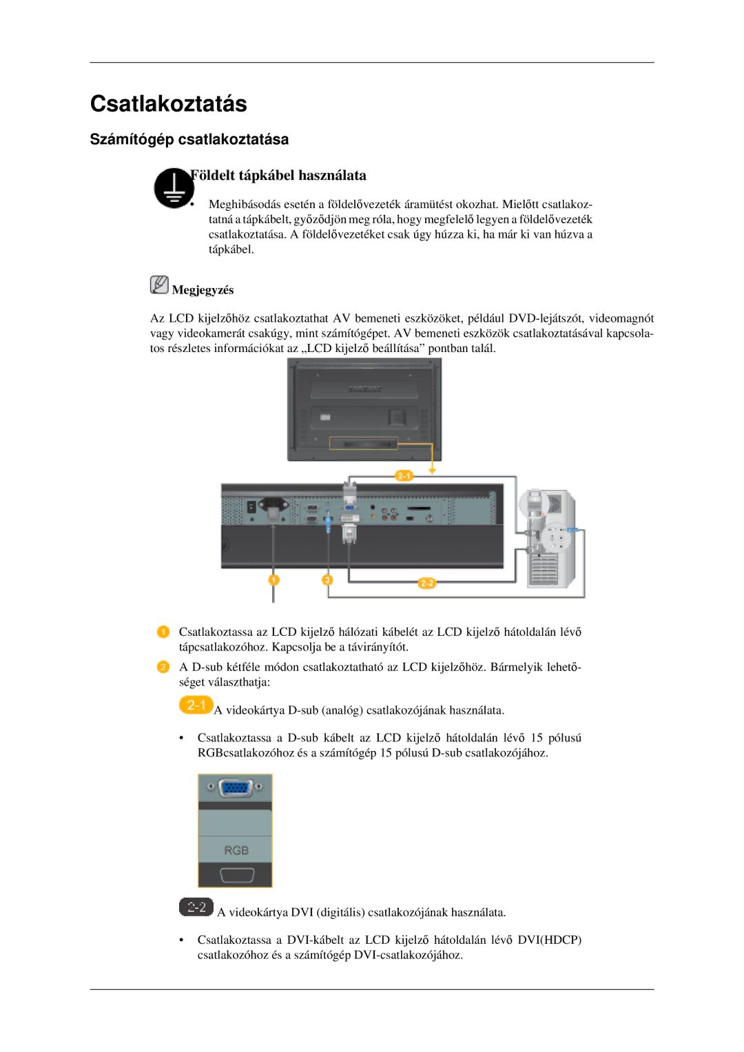 Samsung LH46MGPLGD/EN manual Csatlakoztatás, Számítógép csatlakoztatása 