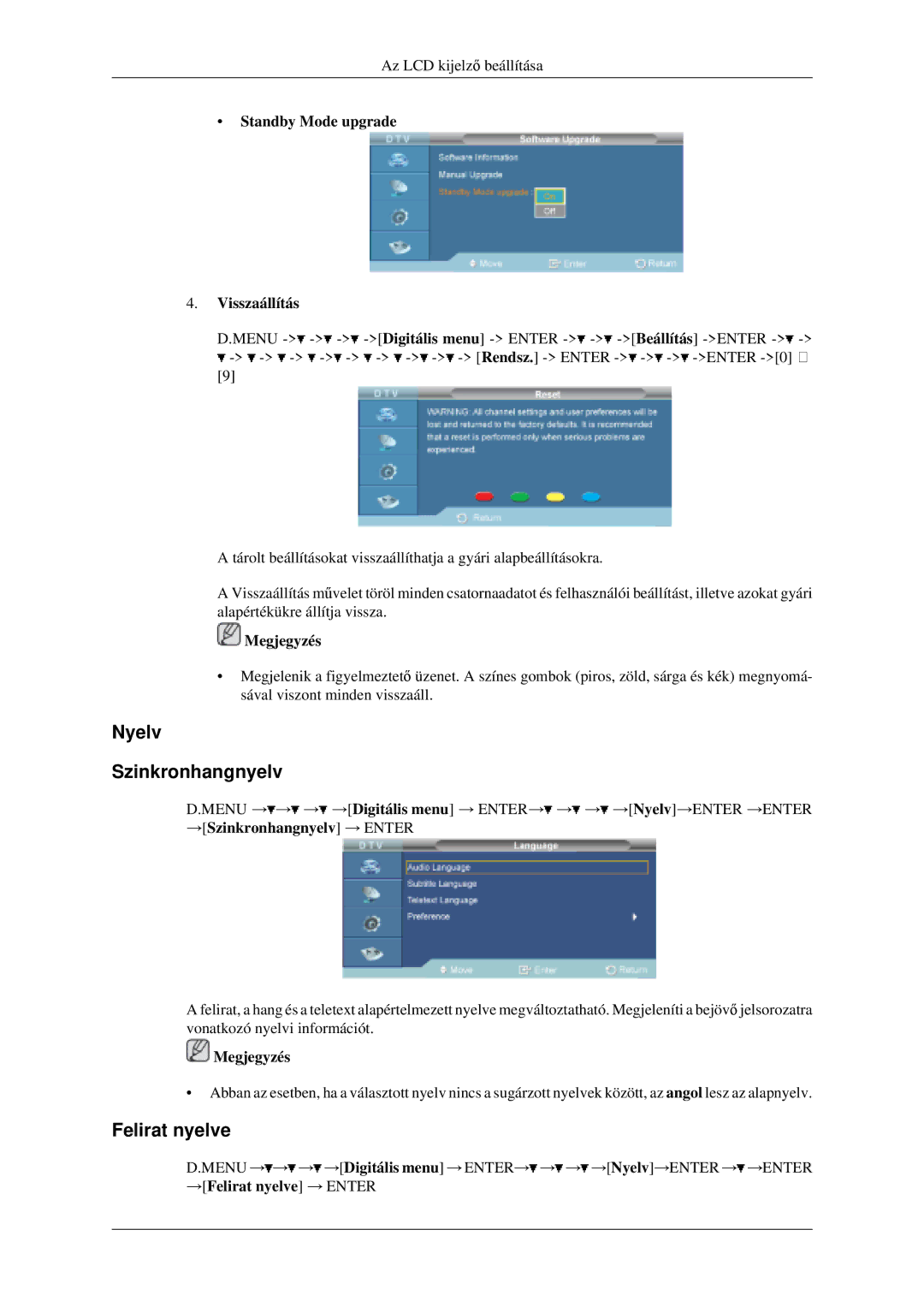 Samsung LH46MGPLGD/EN manual Nyelv Szinkronhangnyelv, Felirat nyelve, Standby Mode upgrade Visszaállítás 