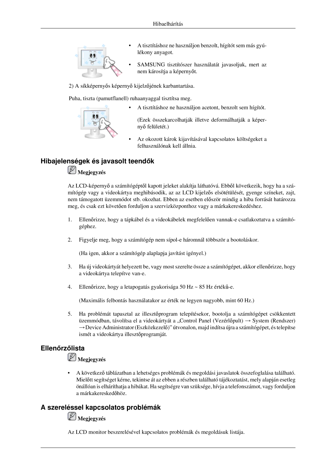 Samsung LH46MGPLGD/EN manual Hibajelenségek és javasolt teendők, Ellenőrzőlista, Szereléssel kapcsolatos problémák 