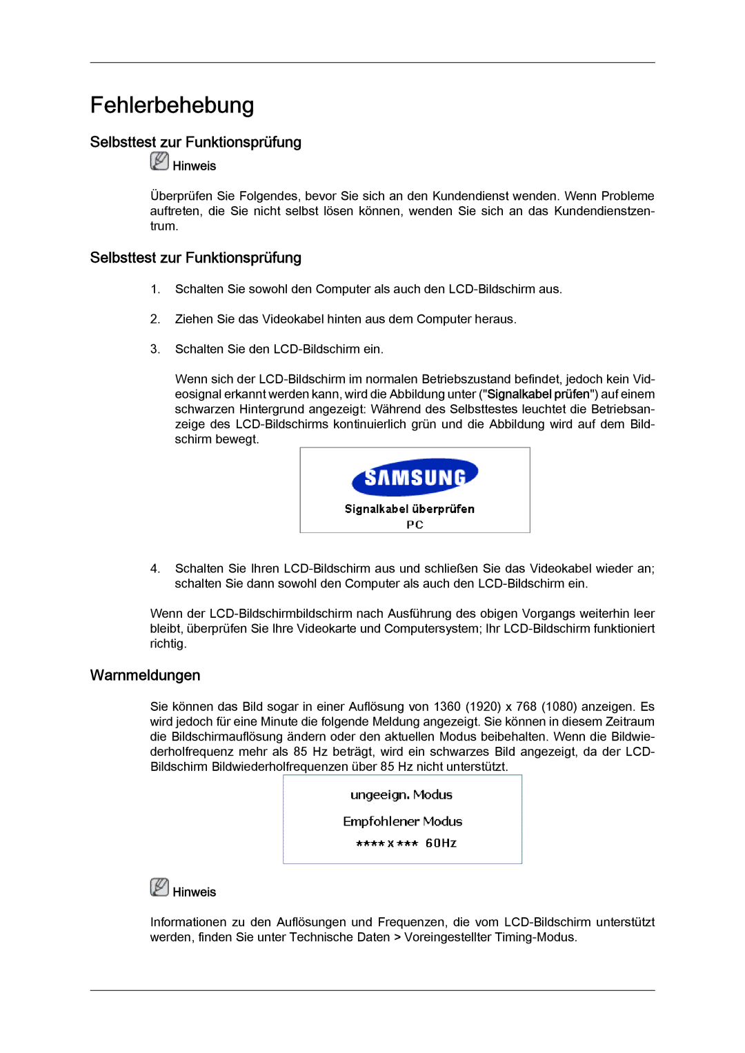 Samsung LH40MGPLBC/EN, LH46MGTLBC/EN, LH40MGTLBC/EN, LH46MGPLBC/EN manual Selbsttest zur Funktionsprüfung, Warnmeldungen 