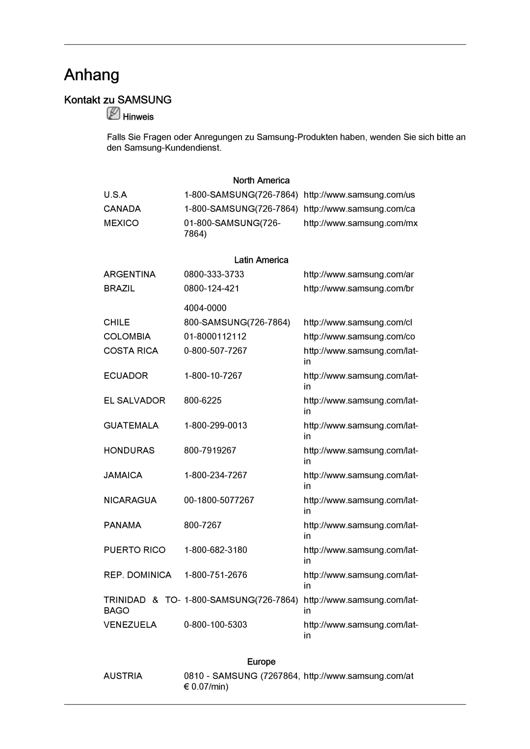 Samsung LH46MGPLBC/EN, LH46MGTLBC/EN, LH40MGTLBC/EN, LH40MGPLBC/EN Kontakt zu Samsung, North America, Latin America, Europe 