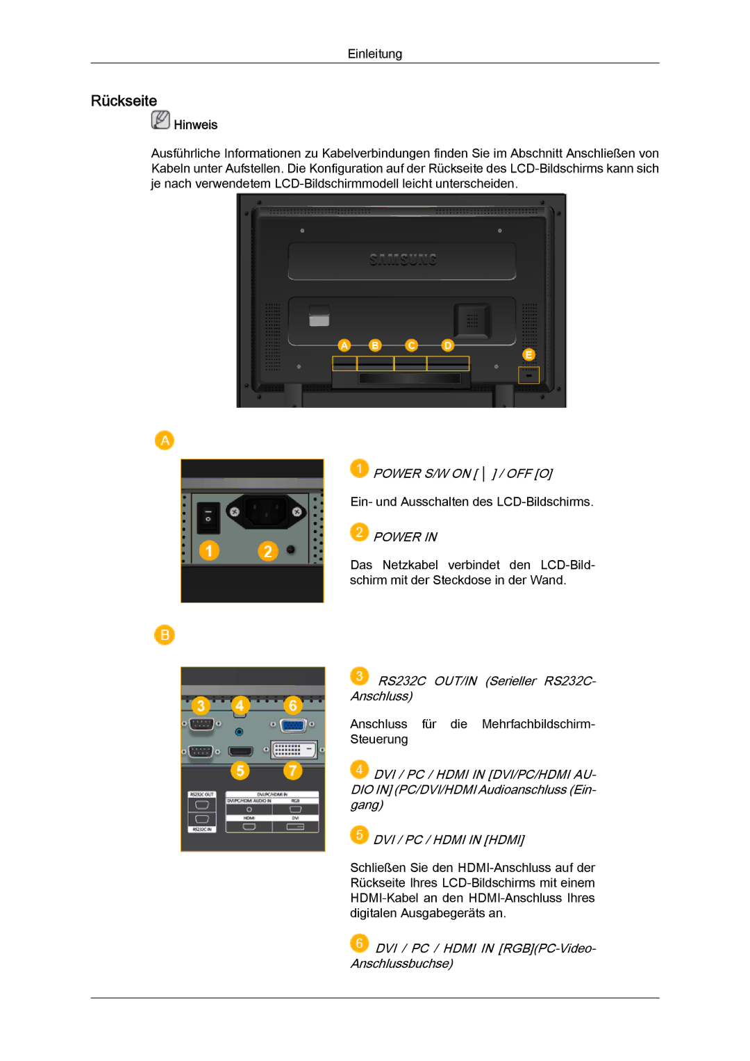 Samsung LH40MGTLBC/EN, LH46MGTLBC/EN, LH40MGPLBC/EN, LH46MGPLBC/EN manual Rückseite, Power 