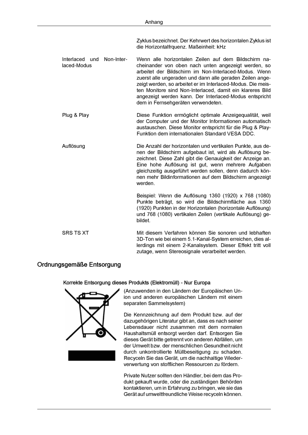 Samsung LH46MGPLBC/EN, LH46MGTLBC/EN Ordnungsgemäße Entsorgung, Korrekte Entsorgung dieses Produkts Elektromüll Nur Europa 