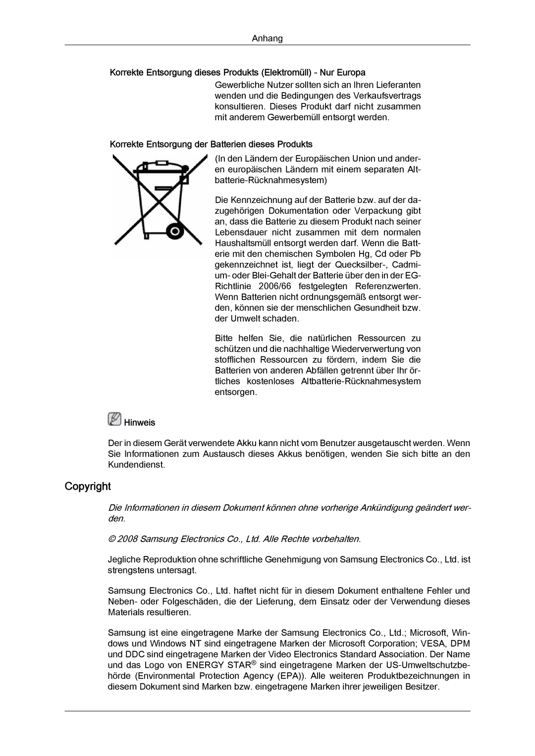 Samsung LH46MGTLBC/EN, LH40MGTLBC/EN, LH40MGPLBC/EN manual Copyright, Korrekte Entsorgung der Batterien dieses Produkts 