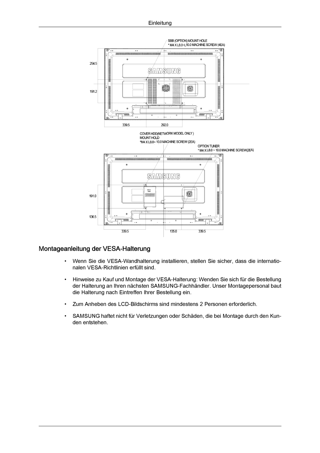 Samsung LH46MGTLBC/EN, LH40MGTLBC/EN, LH40MGPLBC/EN, LH46MGPLBC/EN manual Montageanleitung der VESA-Halterung 