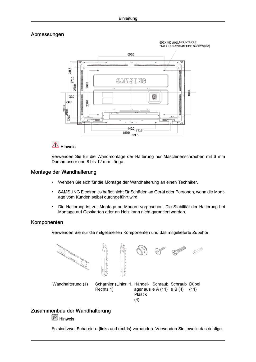 Samsung LH40MGTLBC/EN, LH46MGTLBC/EN Abmessungen, Montage der Wandhalterung, Komponenten, Zusammenbau der Wandhalterung 