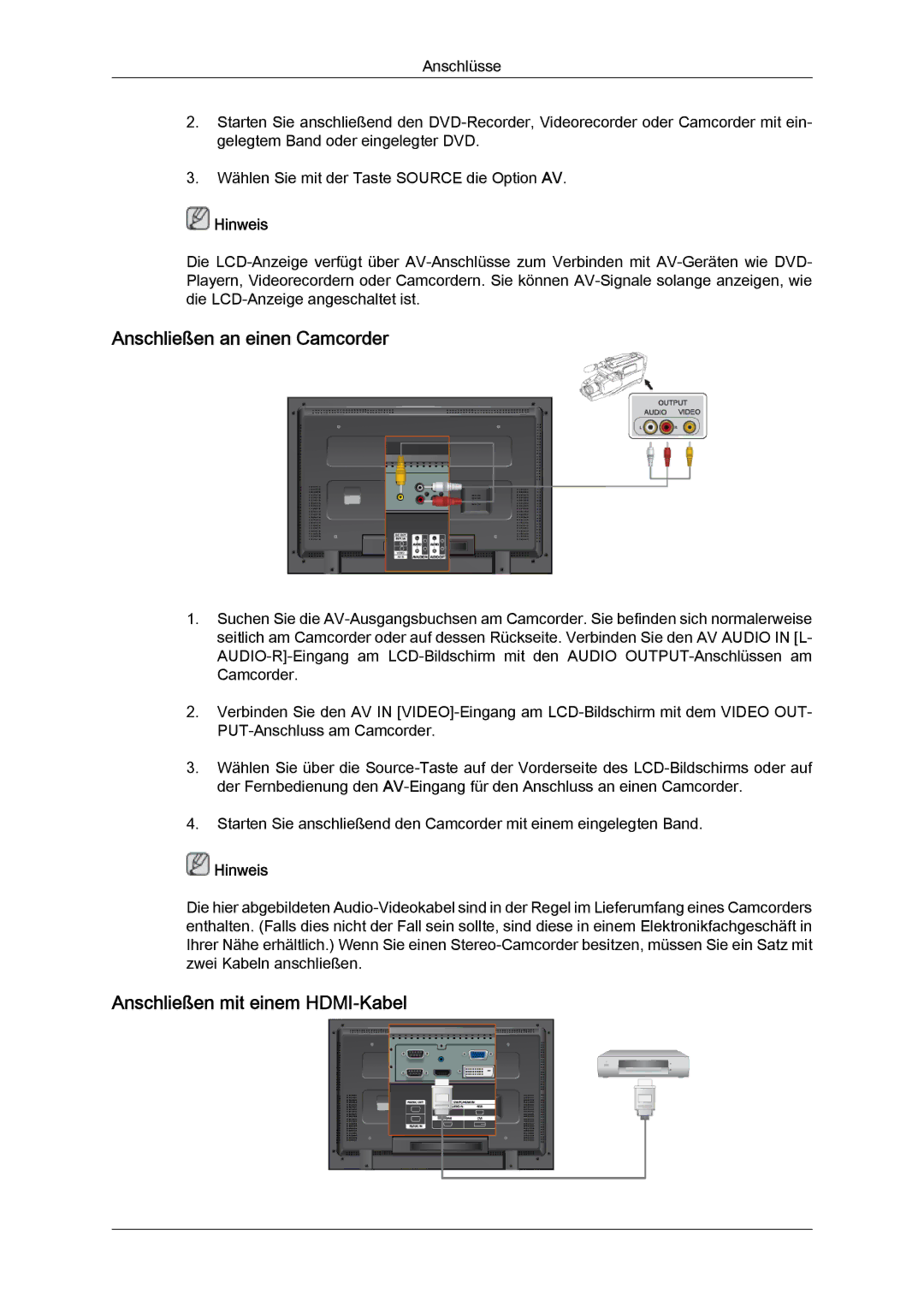 Samsung LH40MGPLBC/EN, LH46MGTLBC/EN, LH40MGTLBC/EN manual Anschließen an einen Camcorder, Anschließen mit einem HDMI-Kabel 