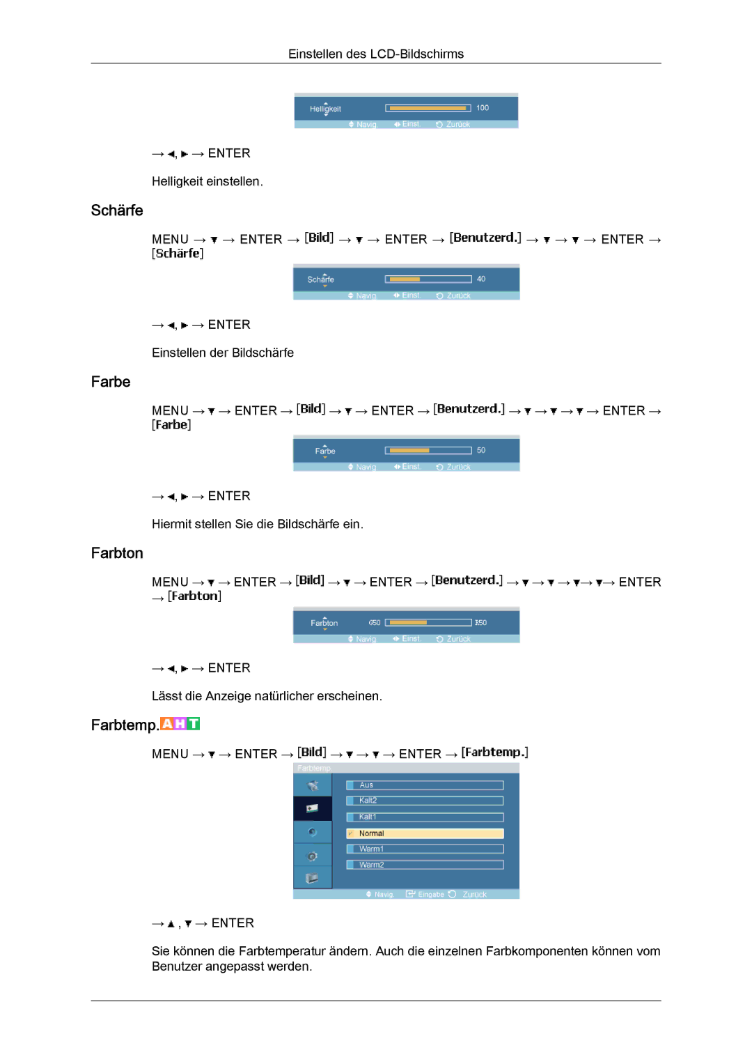 Samsung LH46MGTLBC/EN, LH40MGTLBC/EN, LH40MGPLBC/EN, LH46MGPLBC/EN manual Farbe, Farbton 