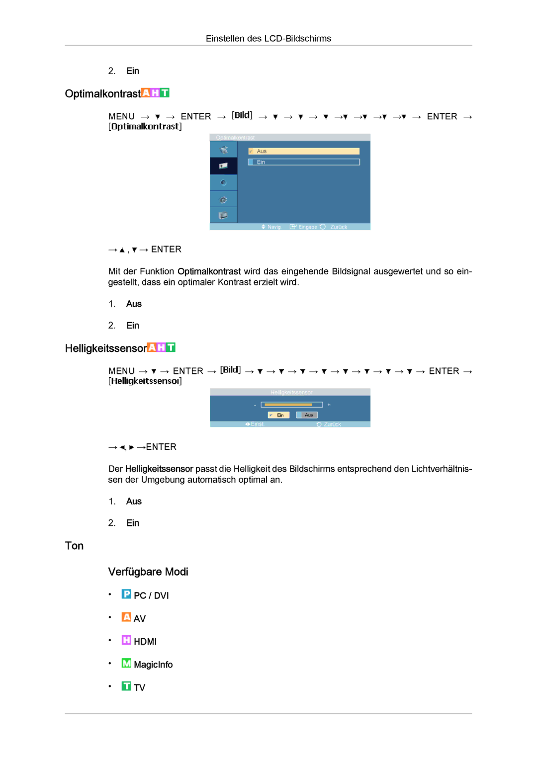 Samsung LH46MGPLBC/EN, LH46MGTLBC/EN, LH40MGTLBC/EN, LH40MGPLBC/EN manual Helligkeitssensor, Ton Verfügbare Modi, MagicInfo 