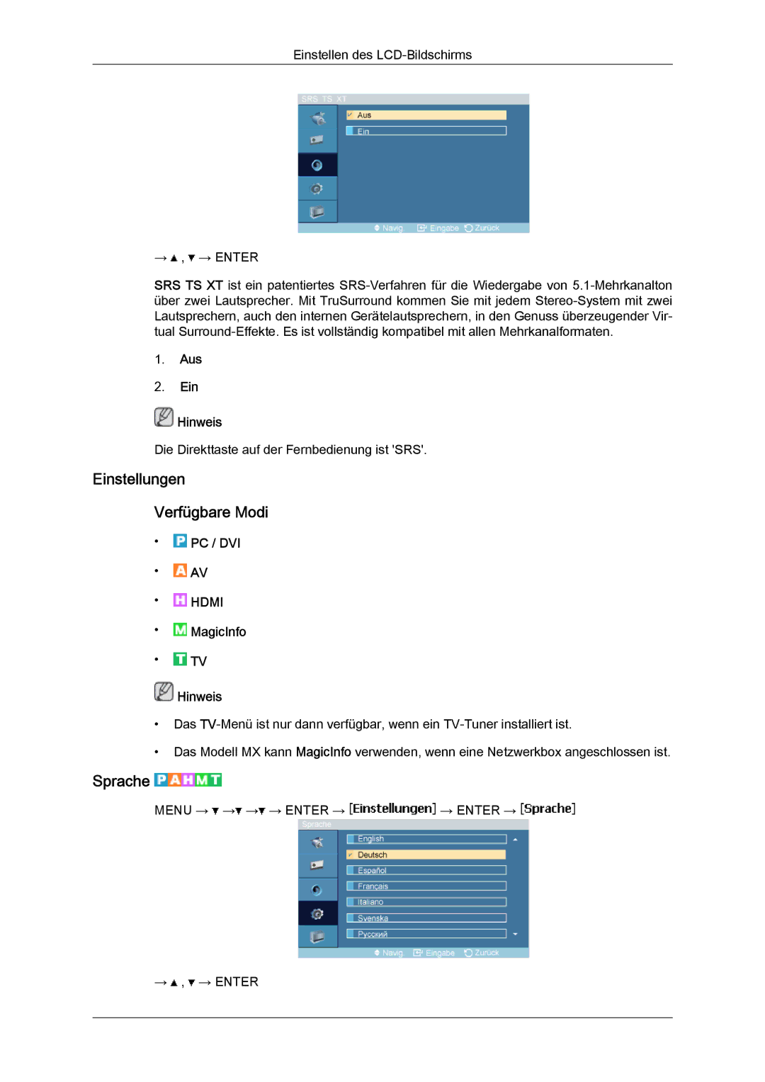 Samsung LH40MGPLBC/EN, LH46MGTLBC/EN, LH40MGTLBC/EN, LH46MGPLBC/EN Einstellungen Verfügbare Modi, Sprache, Aus Ein Hinweis 