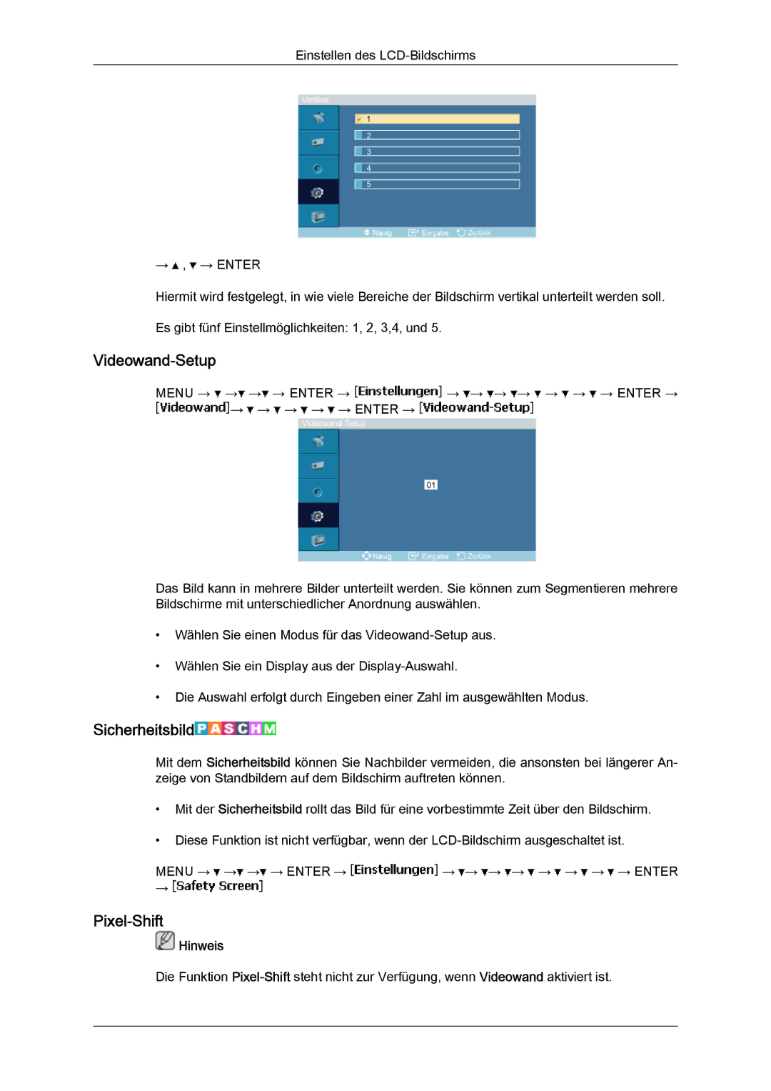 Samsung LH46MGTLBC/EN, LH40MGTLBC/EN, LH40MGPLBC/EN, LH46MGPLBC/EN manual Videowand-Setup, Sicherheitsbild, Pixel-Shift 