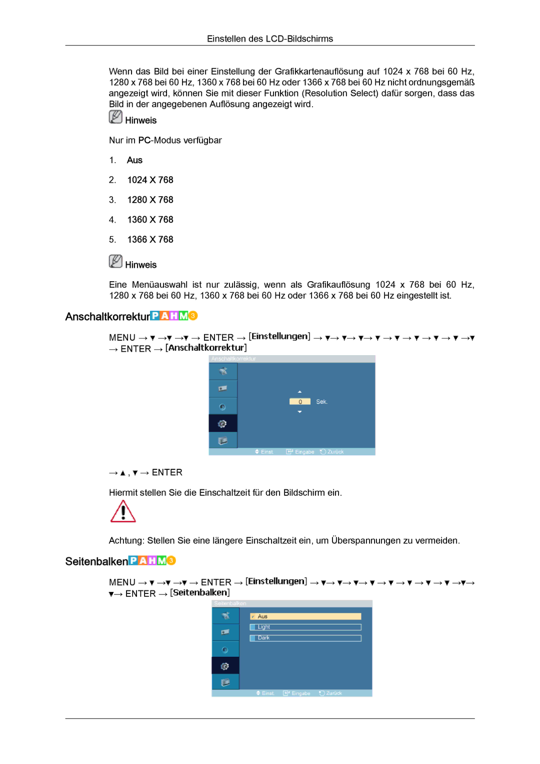 Samsung LH40MGTLBC/EN, LH46MGTLBC/EN manual Anschaltkorrektur, Seitenbalken, Aus 1024 X 1280 X 1360 X 1366 X Hinweis 