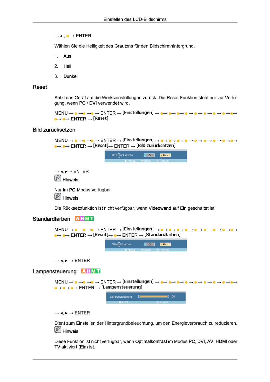 Samsung LH40MGPLBC/EN, LH46MGTLBC/EN manual Reset, Bild zurücksetzen, Standardfarben, Lampensteuerung, Aus Hell Dunkel 