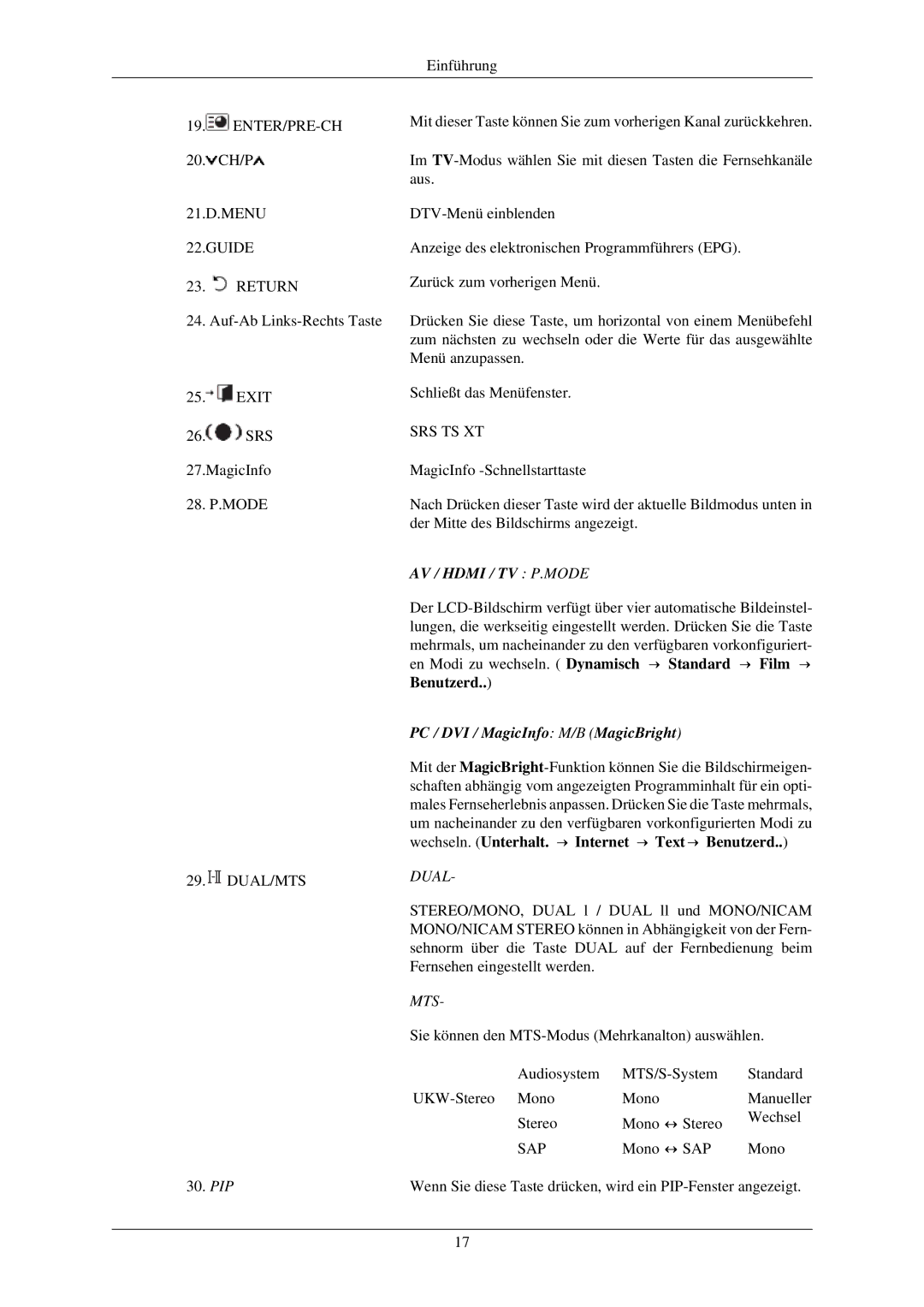 Samsung LH40MGPLBC/EN manual AV / Hdmi / TV P.MODE, Dual, Mts, Sie können den MTS-Modus Mehrkanalton auswählen, Sap 