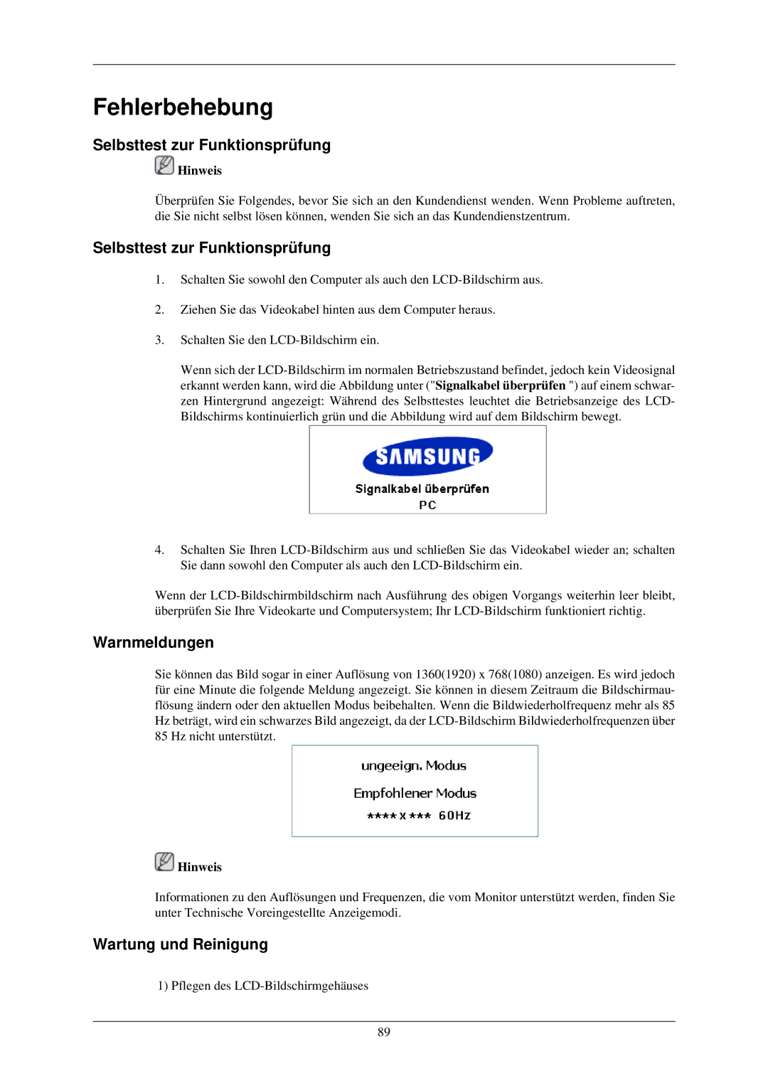 Samsung LH46MGTLBC/EN, LH40MGTLBC/EN, LH40MGPLBC/EN Selbsttest zur Funktionsprüfung, Warnmeldungen, Wartung und Reinigung 