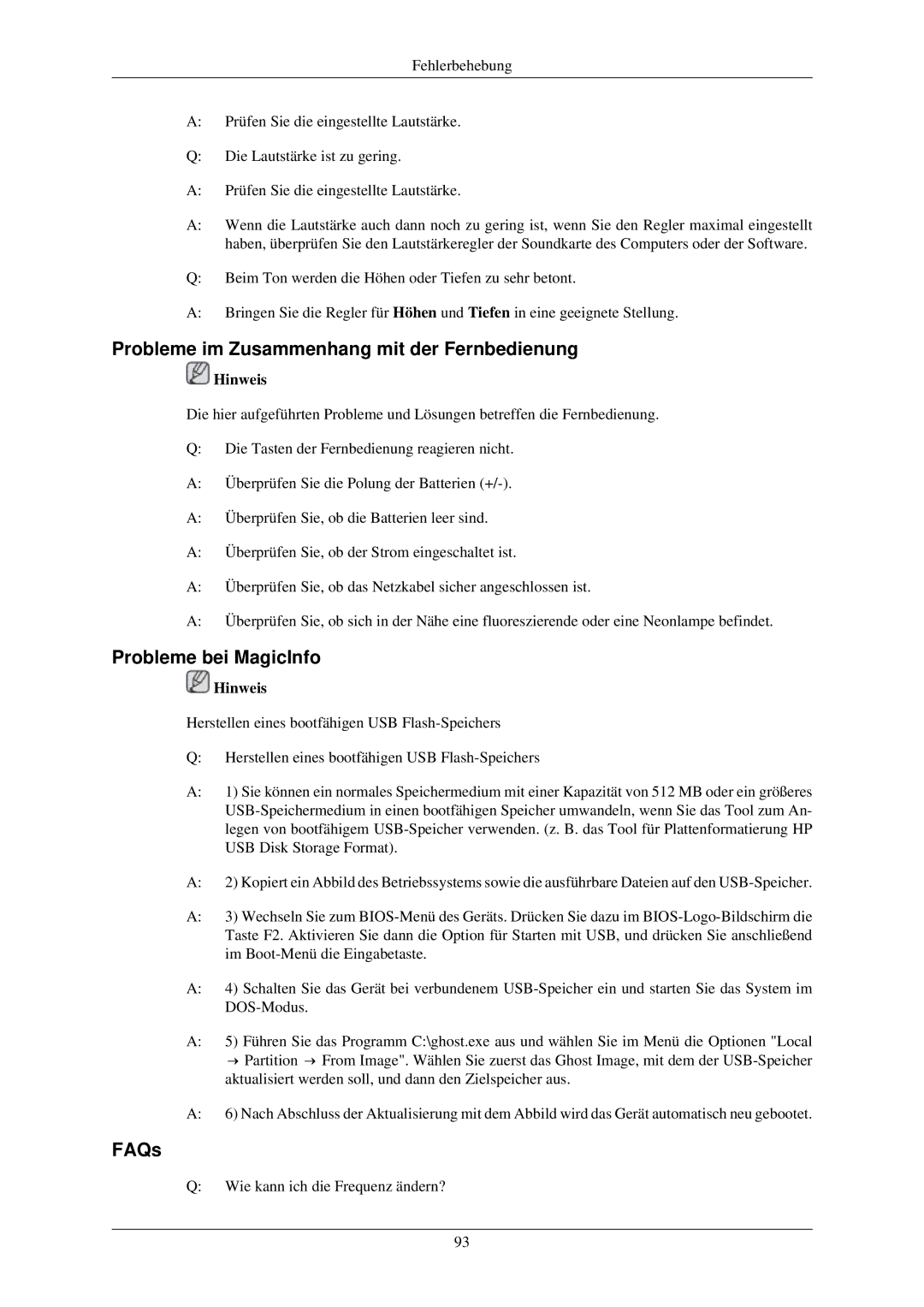 Samsung LH46MGTLBC/EN, LH40MGTLBC/EN manual Probleme im Zusammenhang mit der Fernbedienung, Probleme bei MagicInfo, FAQs 