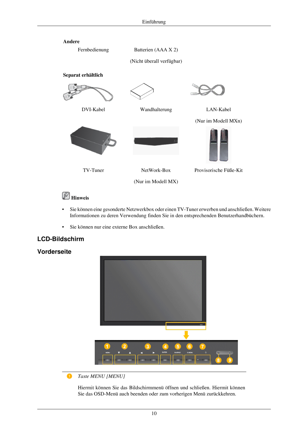 Samsung LH46MGPLBC/EN, LH46MGTLBC/EN, LH40MGTLBC/EN, LH40MGPLBC/EN manual LCD-Bildschirm Vorderseite, Taste Menu Menu 