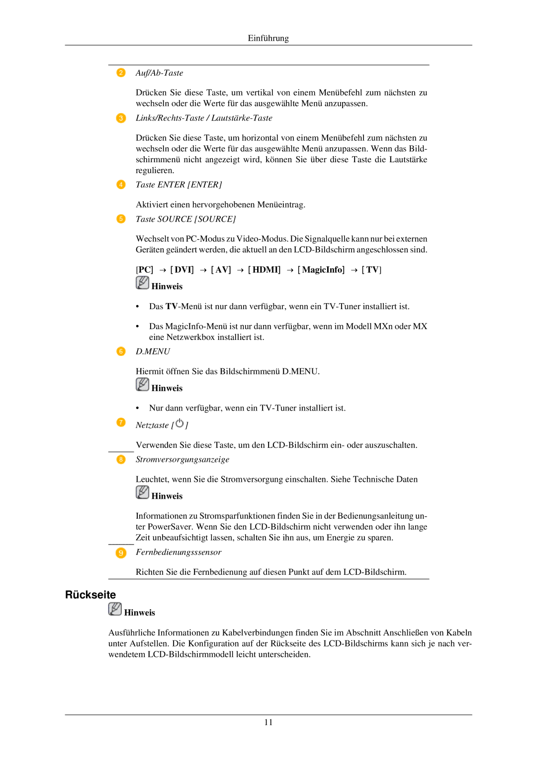 Samsung LH46MGTLBC/EN, LH40MGTLBC/EN, LH40MGPLBC/EN, LH46MGPLBC/EN manual Rückseite, Menu 