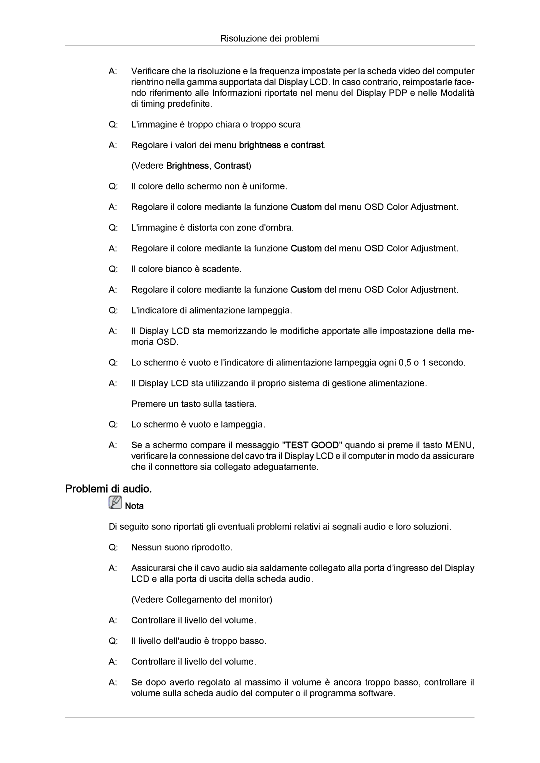 Samsung LH46MGPLBC/EN, LH46MGTLBC/EN, LH40MGTLBC/EN, LH40MGPLBC/EN manual Problemi di audio 