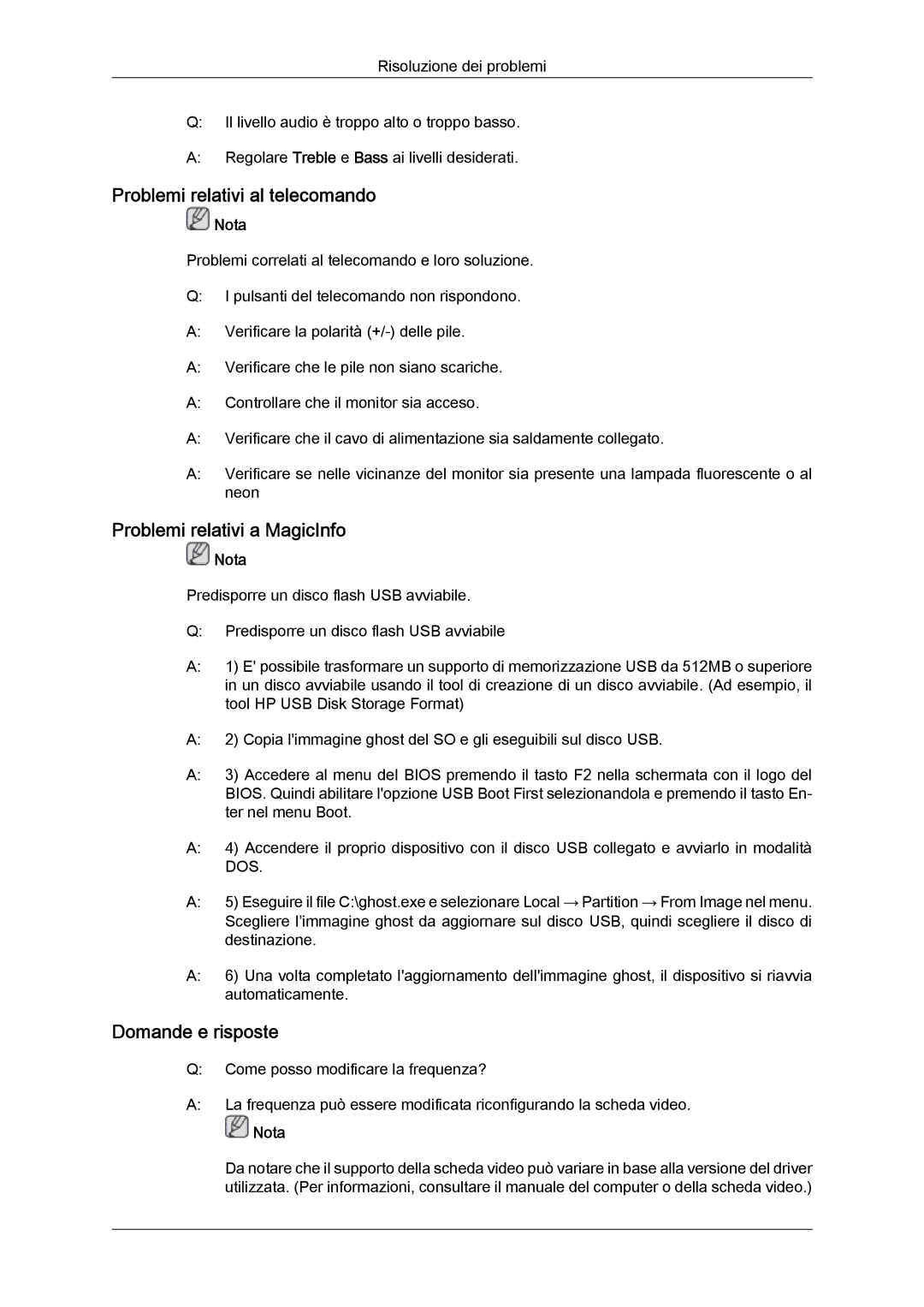 Samsung LH46MGTLBC/EN, LH40MGTLBC/EN Problemi relativi al telecomando, Problemi relativi a MagicInfo, Domande e risposte 