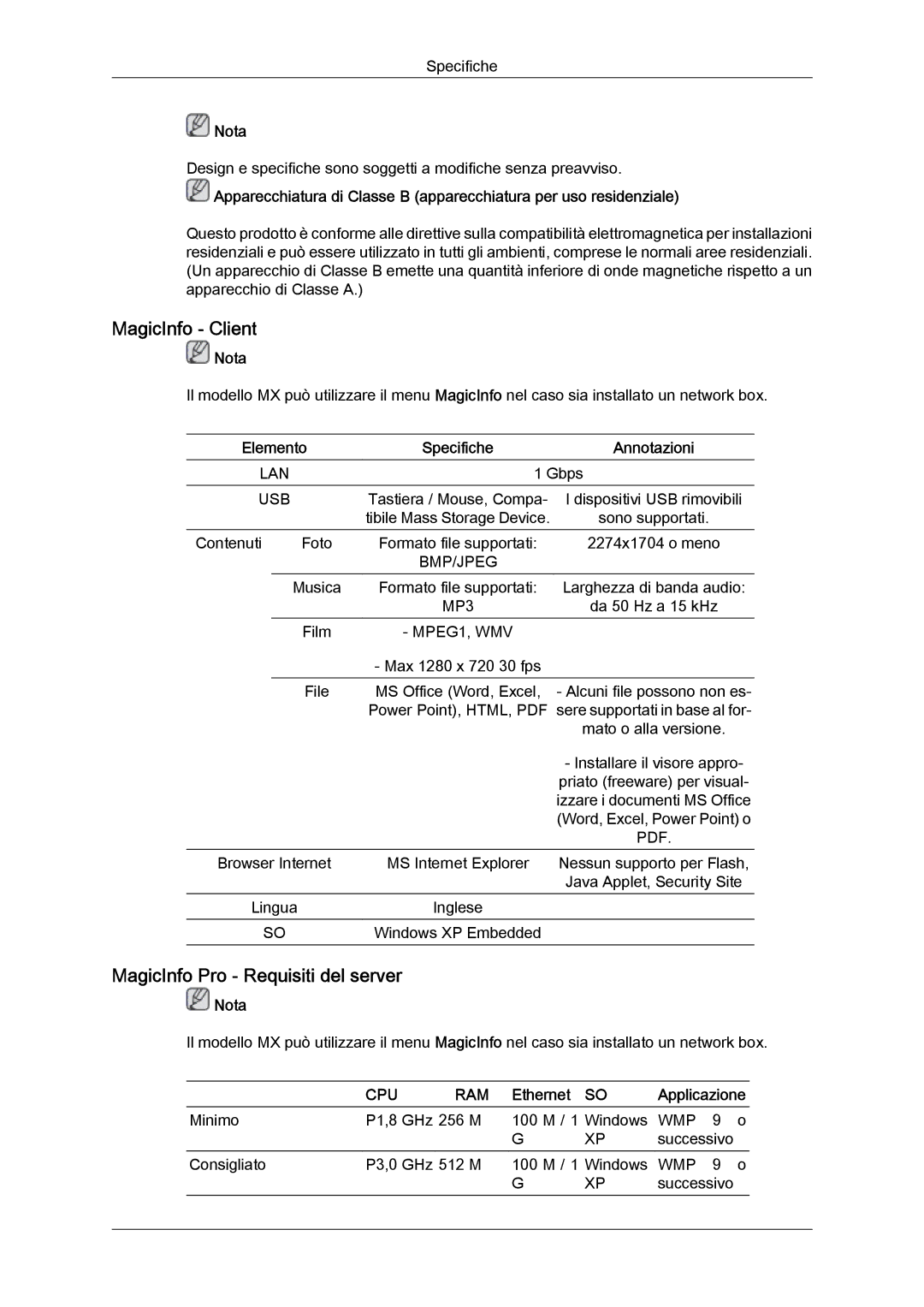 Samsung LH46MGTLBC/EN, LH40MGTLBC/EN, LH40MGPLBC/EN manual MagicInfo Client, MagicInfo Pro Requisiti del server, Ethernet 