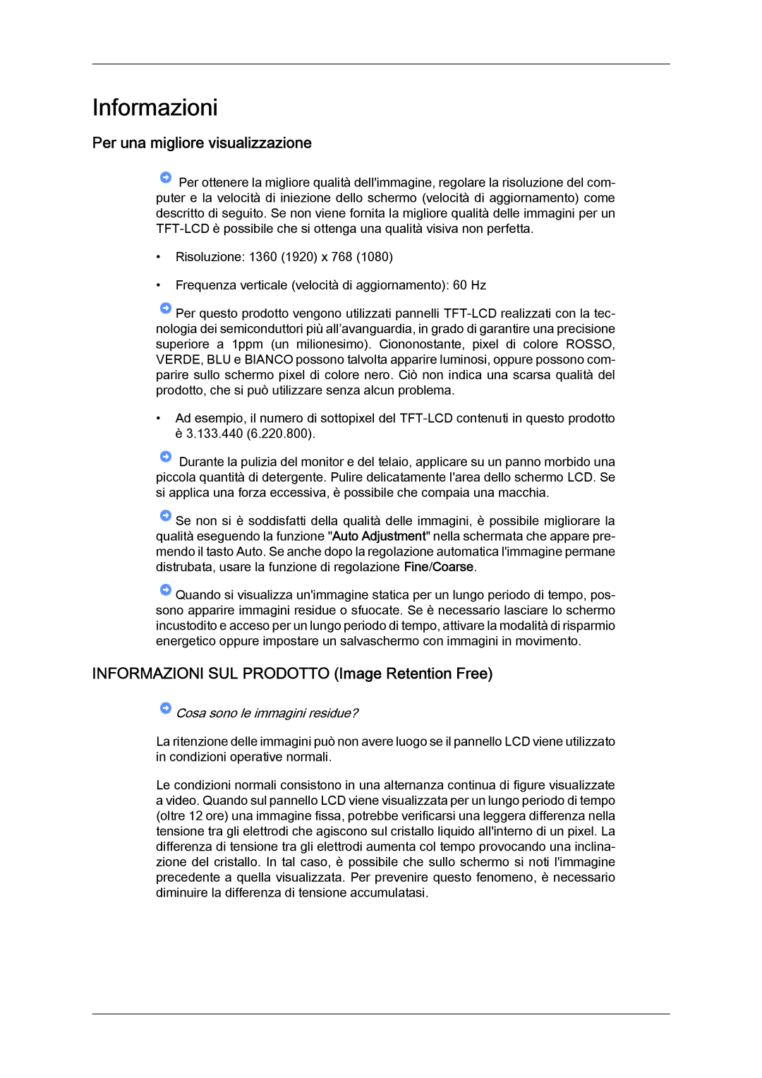 Samsung LH46MGPLBC/EN, LH46MGTLBC/EN manual Per una migliore visualizzazione, Informazioni SUL Prodotto Image Retention Free 