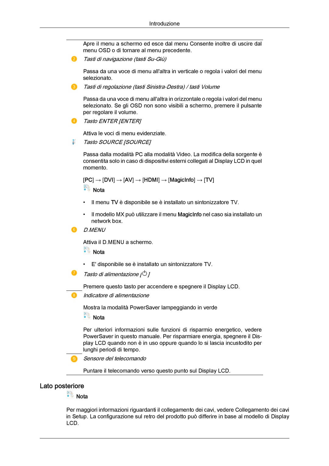 Samsung LH46MGTLBC/EN, LH40MGTLBC/EN manual Lato posteriore, Tasti di regolazione tasti Sinistra-Destra / tasti Volume 