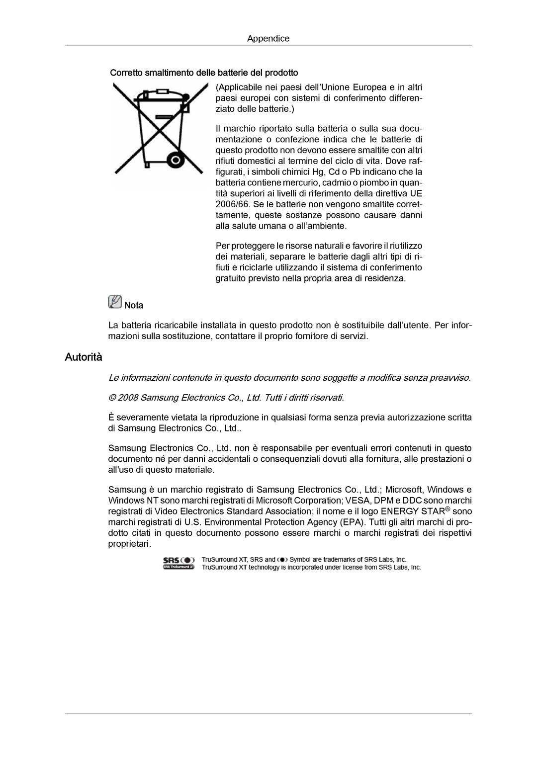 Samsung LH40MGTLBC/EN, LH46MGTLBC/EN, LH40MGPLBC/EN manual Autorità, Corretto smaltimento delle batterie del prodotto 