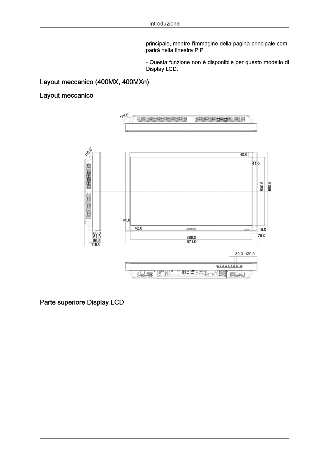 Samsung LH46MGPLBC/EN, LH46MGTLBC/EN, LH40MGTLBC/EN manual Layout meccanico 400MX, 400MXn Parte superiore Display LCD 