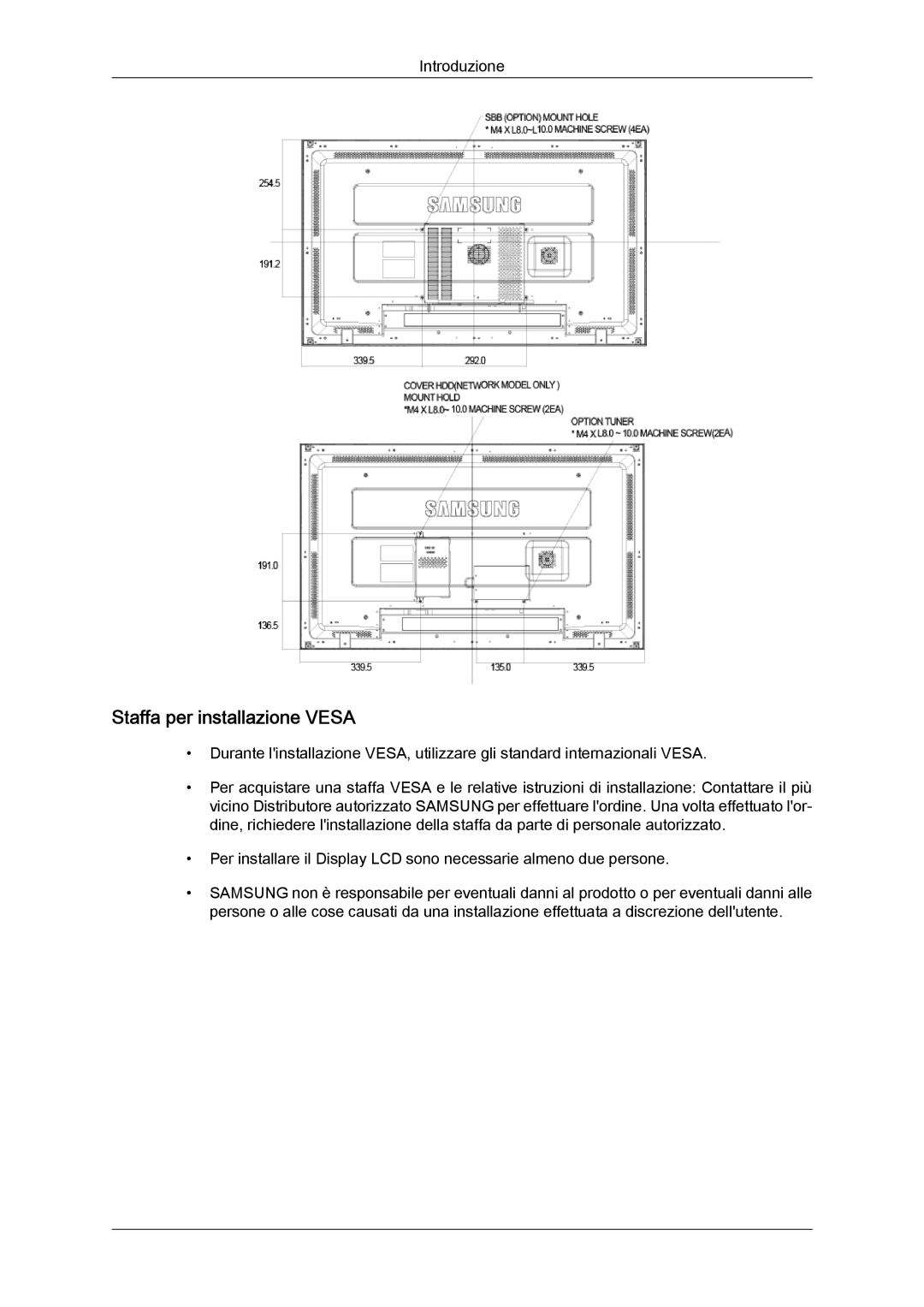 Samsung LH46MGTLBC/EN, LH40MGTLBC/EN, LH40MGPLBC/EN, LH46MGPLBC/EN manual Staffa per installazione Vesa 