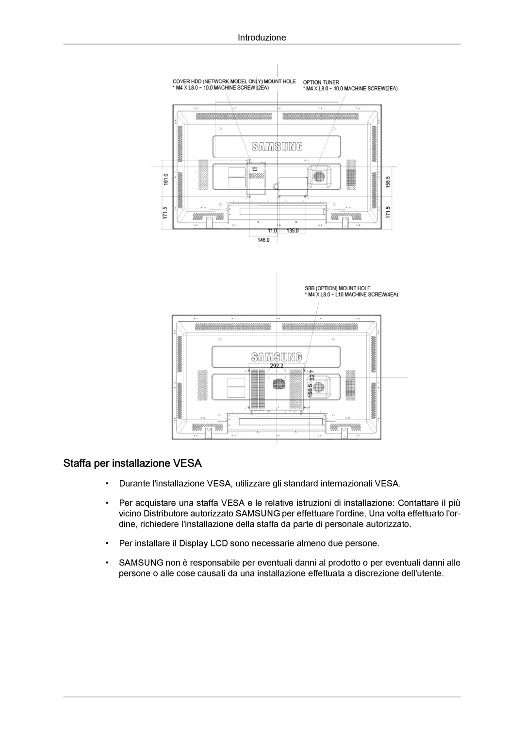 Samsung LH40MGPLBC/EN, LH46MGTLBC/EN, LH40MGTLBC/EN, LH46MGPLBC/EN manual Staffa per installazione Vesa 