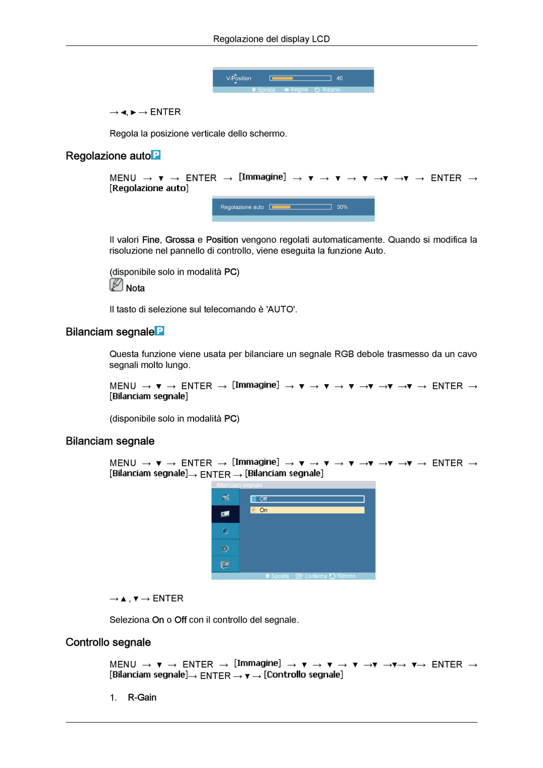 Samsung LH46MGPLBC/EN, LH46MGTLBC/EN, LH40MGTLBC/EN manual Regolazione auto, Bilanciam segnale, Controllo segnale, Gain 