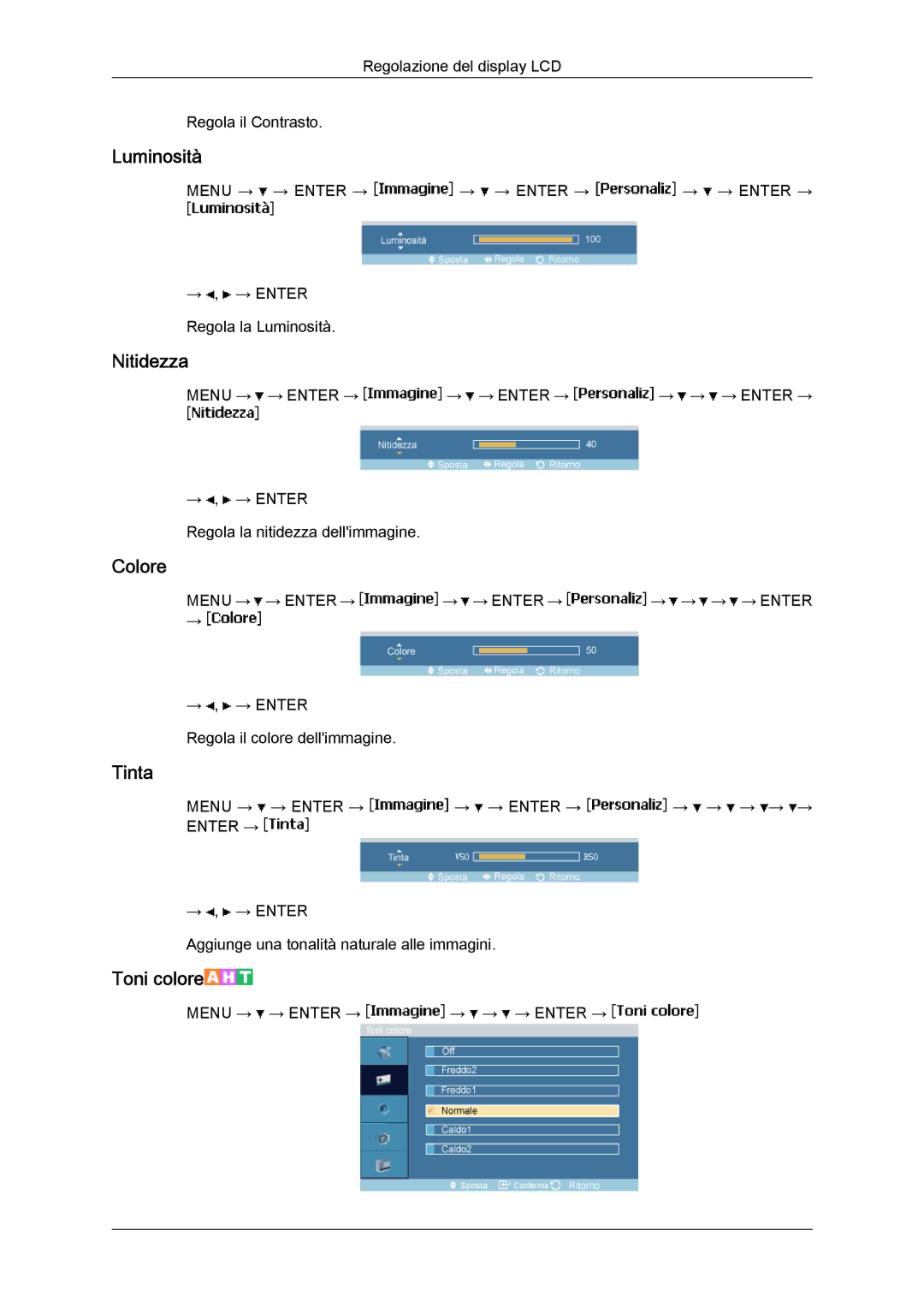 Samsung LH46MGPLBC/EN, LH46MGTLBC/EN, LH40MGTLBC/EN, LH40MGPLBC/EN manual Colore, Tinta 