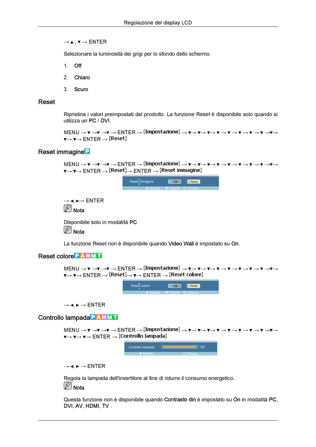 Samsung LH40MGTLBC/EN, LH46MGTLBC/EN, LH40MGPLBC/EN Reset immagine, Reset colore, Controllo lampada, Off Chiaro Scuro 