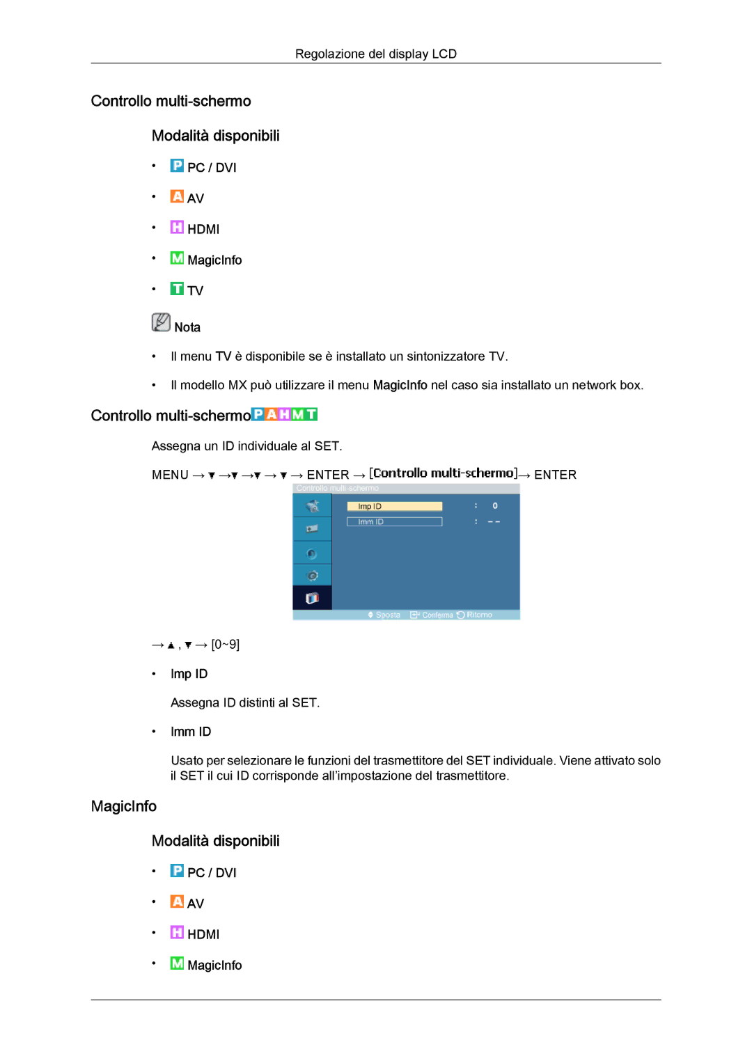 Samsung LH40MGPLBC/EN manual Controllo multi-schermo Modalità disponibili, MagicInfo Modalità disponibili, Imp ID, Imm ID 