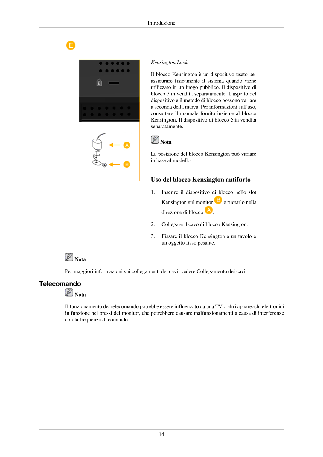 Samsung LH46MGPLBC/EN, LH46MGTLBC/EN, LH40MGTLBC/EN, LH40MGPLBC/EN manual Telecomando, Kensington Lock 