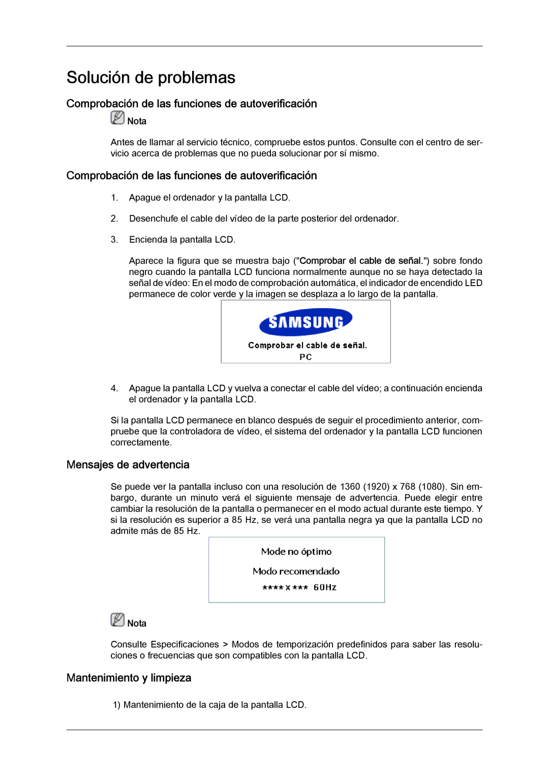 Samsung LH46MGTLBC/EN Comprobación de las funciones de autoverificación, Mensajes de advertencia, Mantenimiento y limpieza 