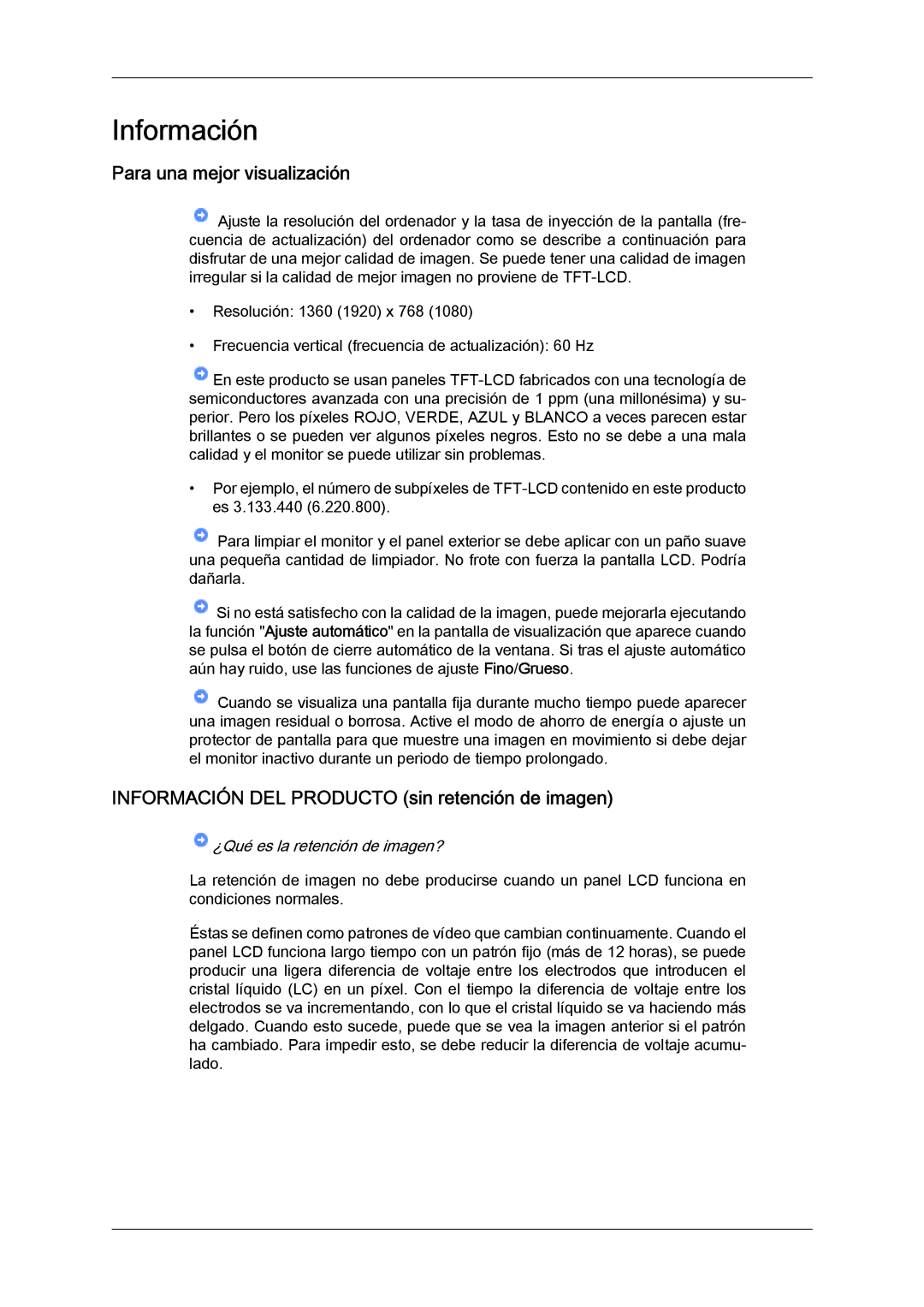 Samsung LH46MGPLBC/EN, LH46MGTLBC/EN manual Para una mejor visualización, Información DEL Producto sin retención de imagen 