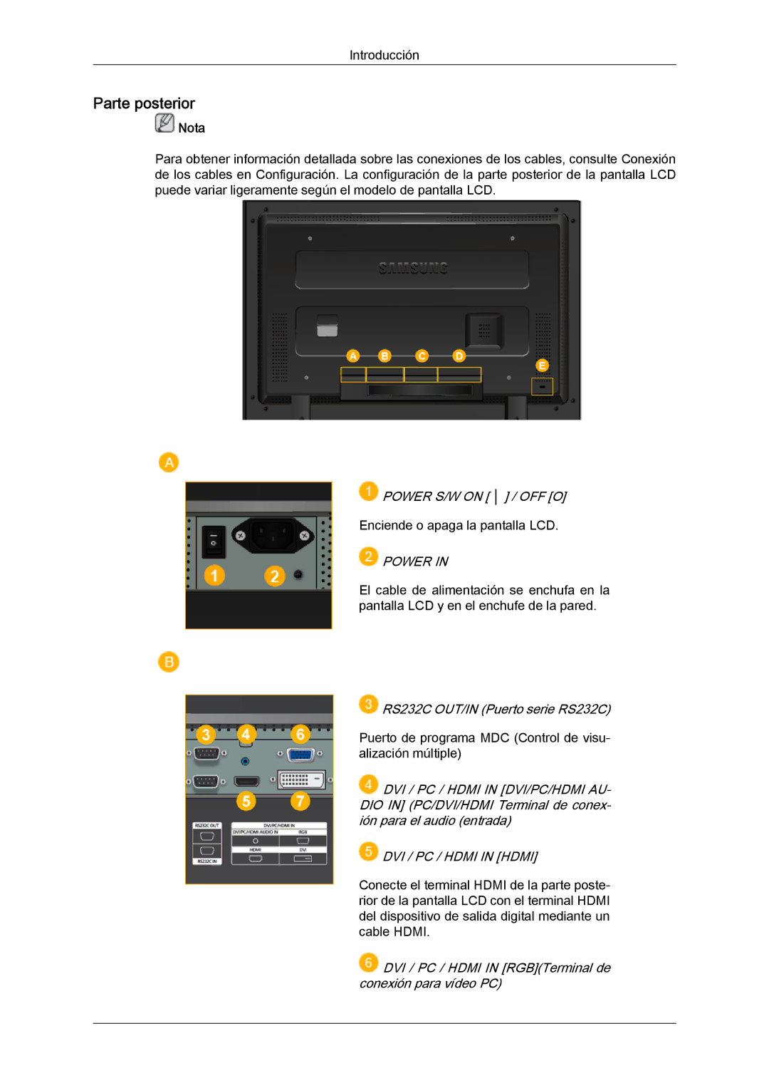 Samsung LH40MGTLBC/EN, LH46MGTLBC/EN, LH40MGPLBC/EN, LH46MGPLBC/EN manual Parte posterior, Power 