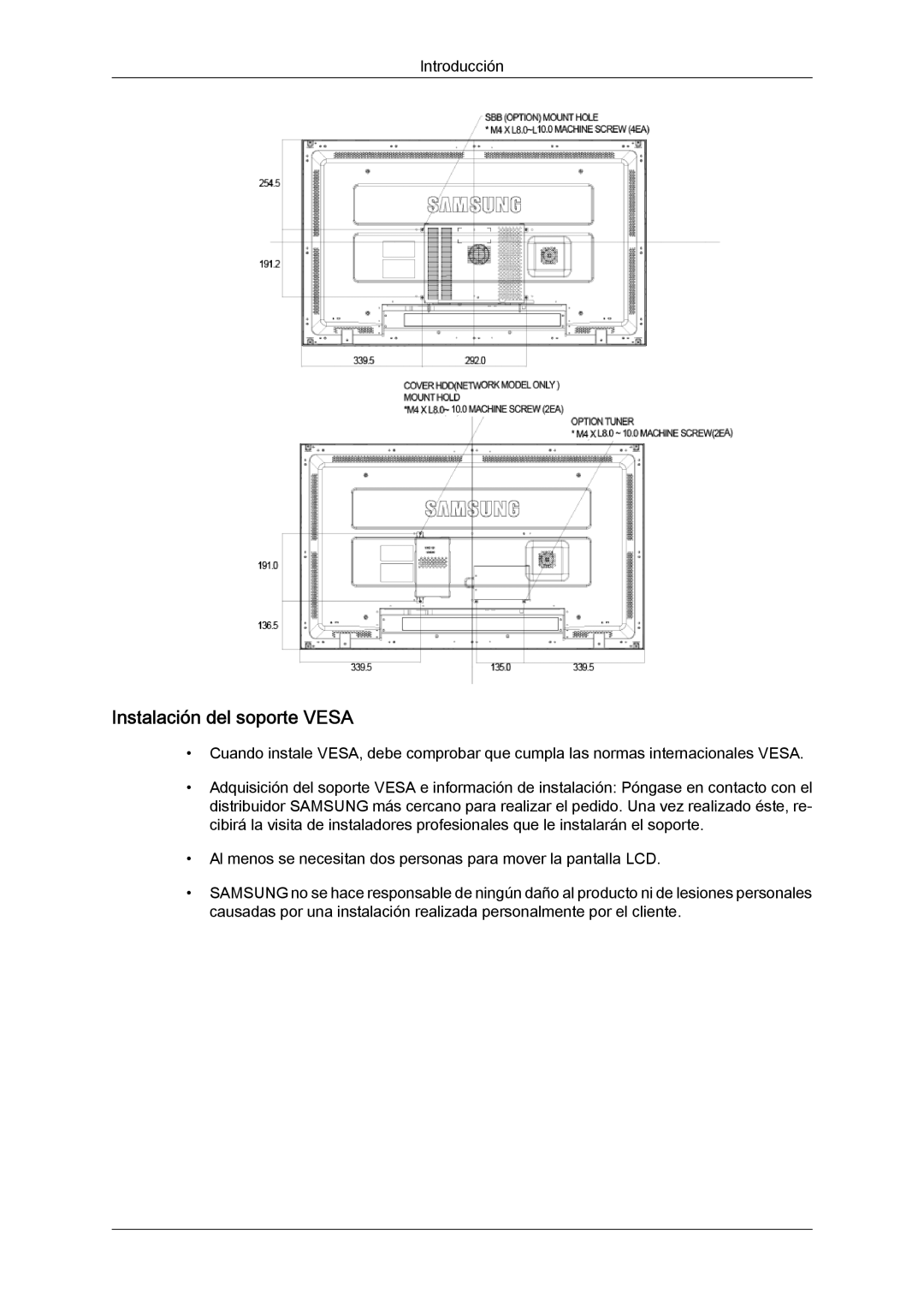 Samsung LH46MGTLBC/EN, LH40MGTLBC/EN, LH40MGPLBC/EN, LH46MGPLBC/EN manual Instalación del soporte Vesa 