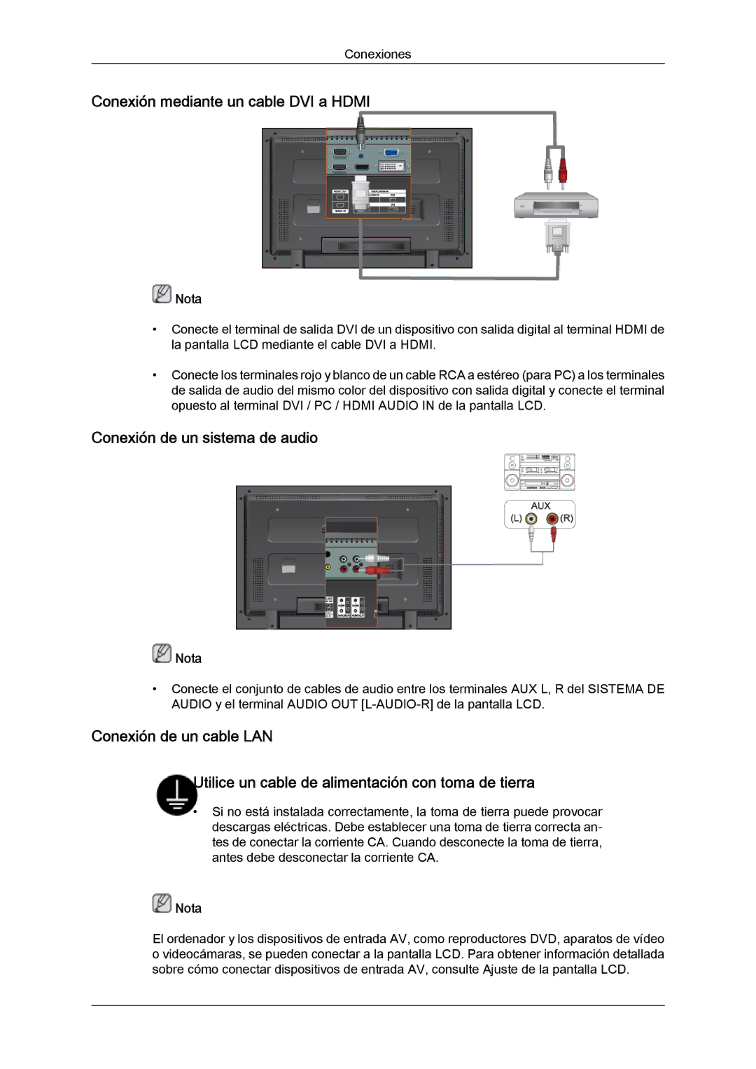 Samsung LH46MGPLBC/EN, LH46MGTLBC/EN, LH40MGTLBC/EN Conexión mediante un cable DVI a Hdmi, Conexión de un sistema de audio 