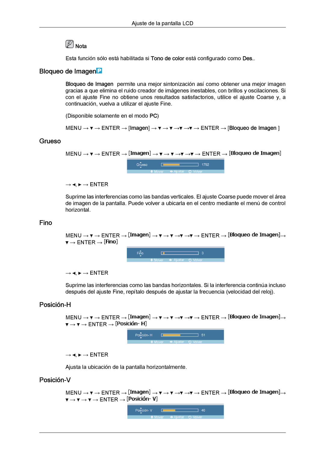 Samsung LH40MGPLBC/EN, LH46MGTLBC/EN, LH40MGTLBC/EN, LH46MGPLBC/EN Bloqueo de Imagen, Grueso, Fino, Posición-H, Posición-V 